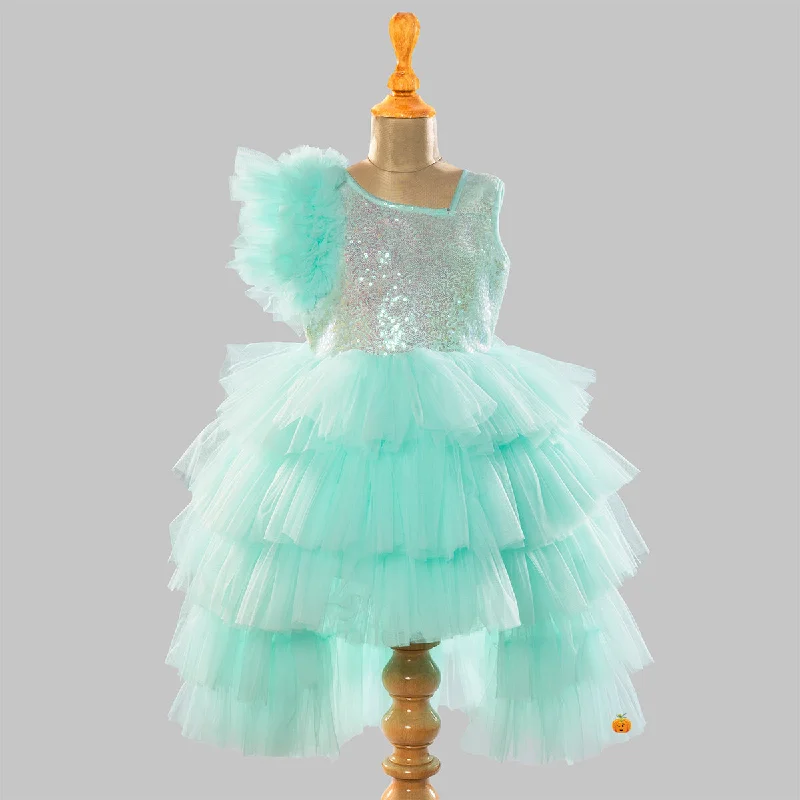 Sea Green Layered High low Pattern Girls Frock