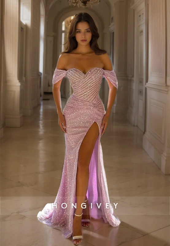 HONGIVEY Sparkle Pink Sequins Evening Dress Elegant Off-Shoulder Side Slit Mermaid Prom Gown