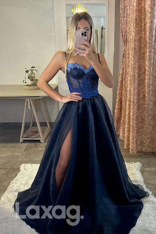 21804 - Spaghetti Thigh Slit Lace Appliques Glitter Navy Blue Prom Dress