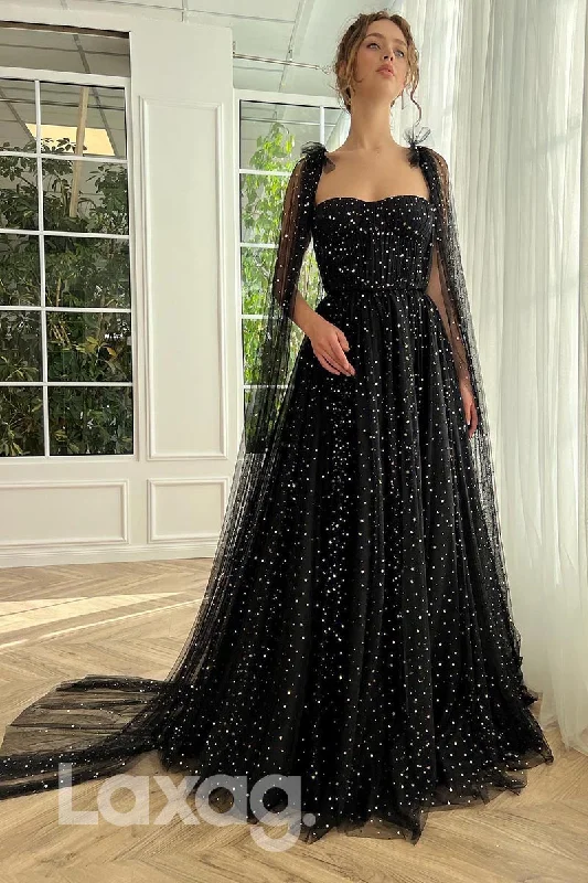 21869 - Black Sequins Strapless Prom Evening Dress with Cape