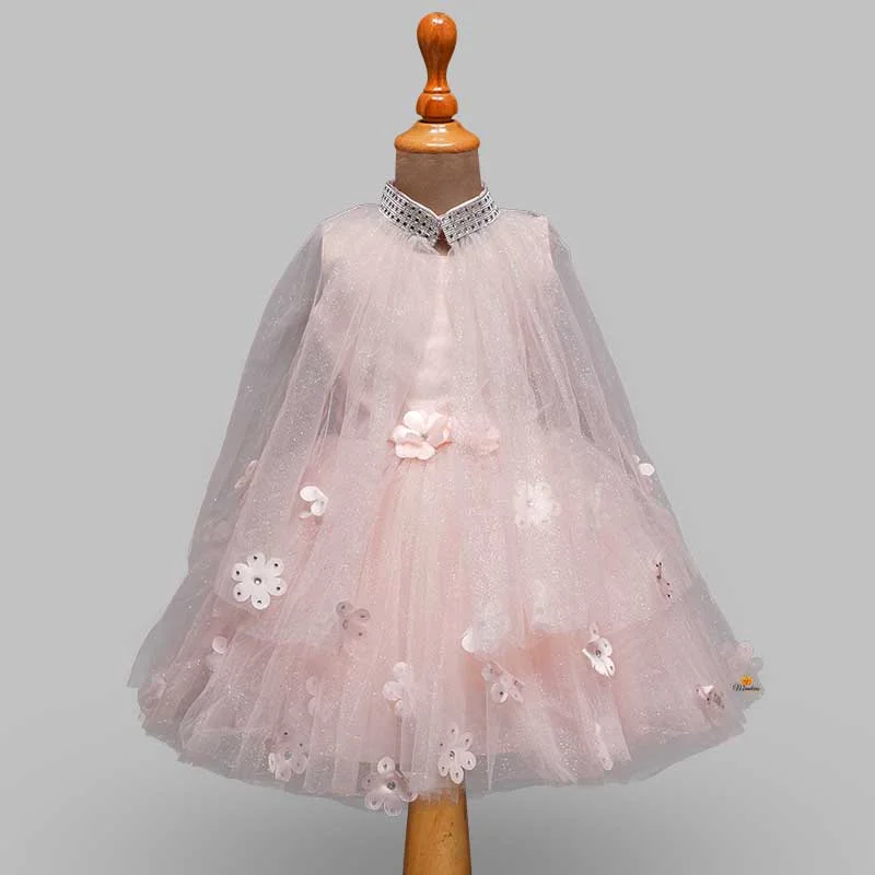 Daisy Peach Girls Frock with Net Cloak