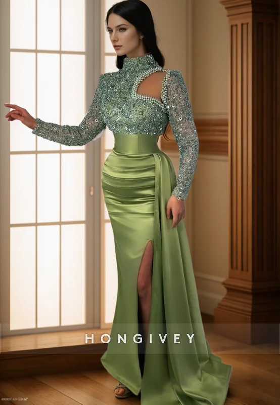 L2972 - High Neck Long Sleeve Empire Beaded Prom Evening Dress