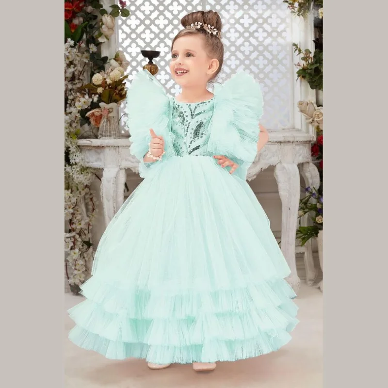 Turquoise Frill Sleeves Girlish Gown