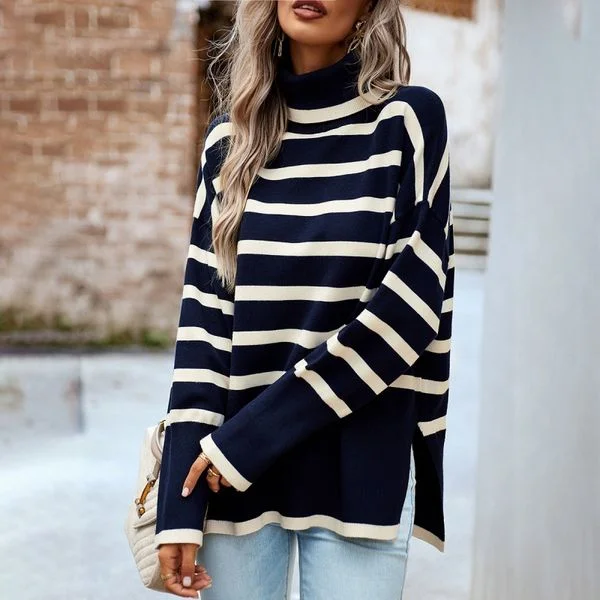 European style Knitted Sweater Stripe High collar Blouse