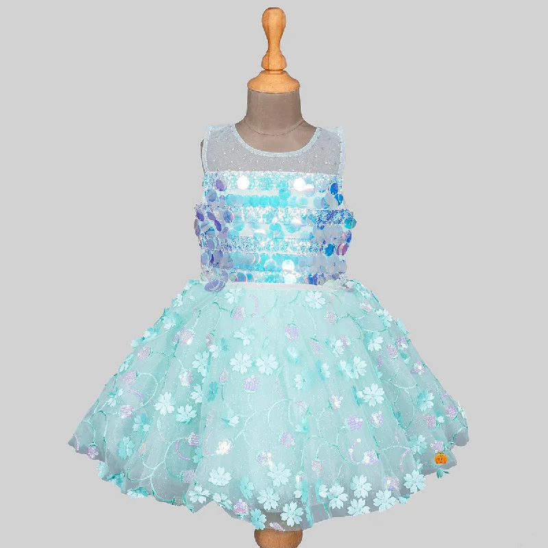 Sea Green Floral Sequin Girls Frock