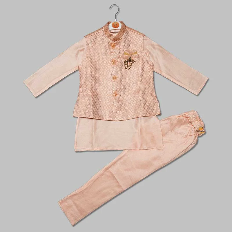 Gold Foil Work Kurta Pajama for Kids with Nehru Jacket