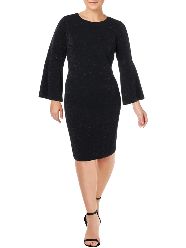 Plus Womens Glitter Bell Sleeves Cocktail Dress