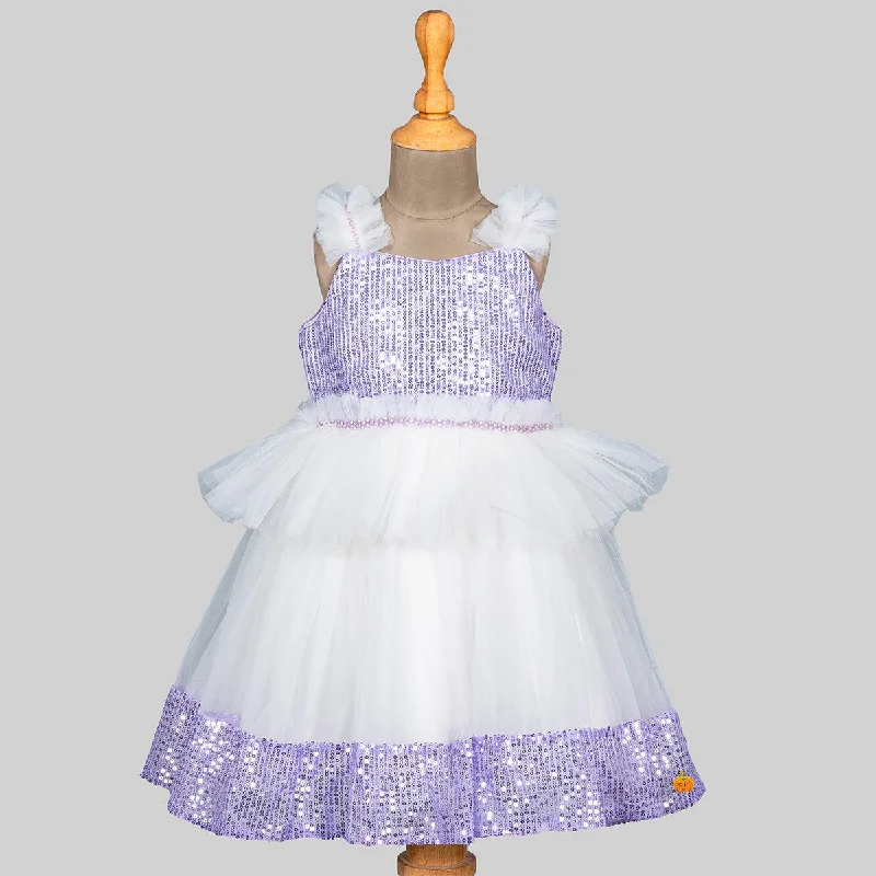 Purple & White Sequin Frill Frock for Girls