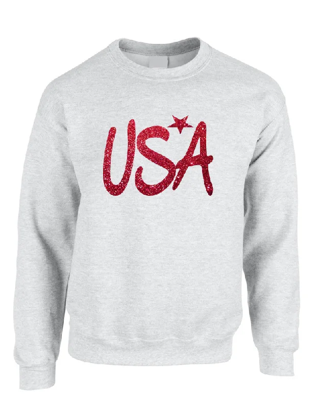 Adult Sweatshirt USA Red Glitter Love America 4th Of July Top