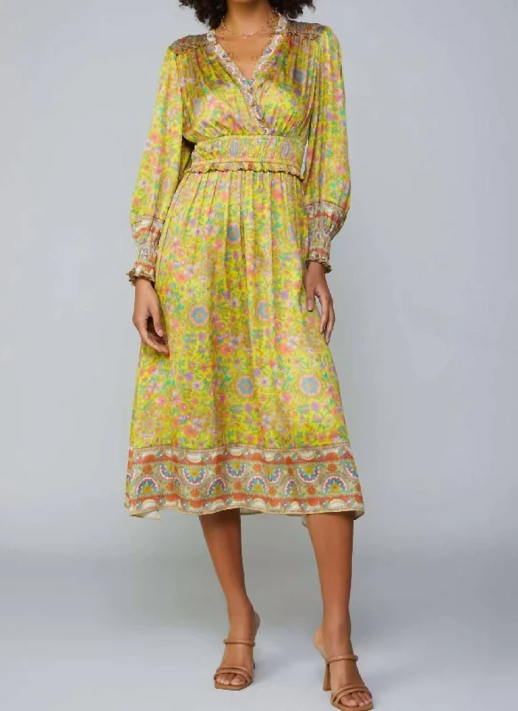 Floral Border Print Midi Dress In Yellow