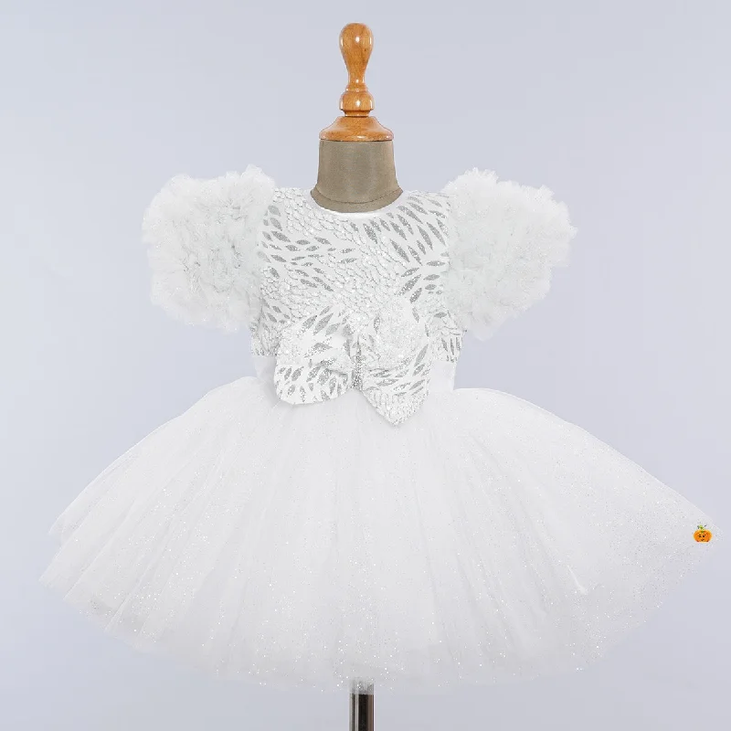 White Ruffled Sleeves Bow Designer Girls Frock