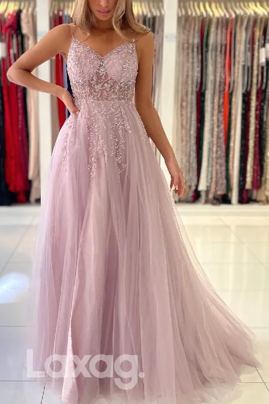 21821 - Spaghetti Pink Beaded Prom Evening Dress with Slit