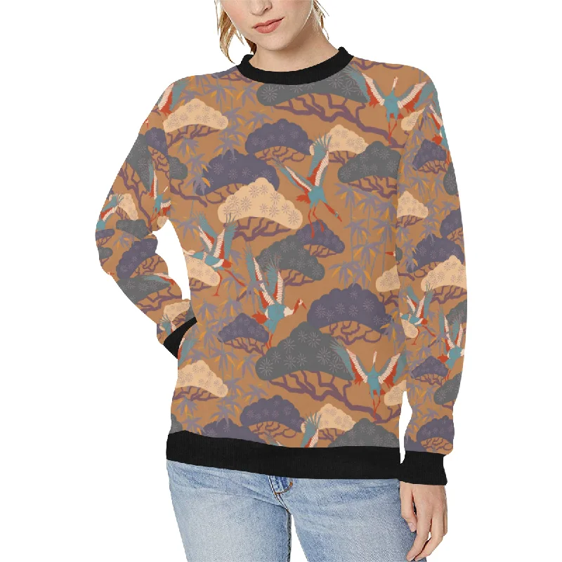 Bonsai bamboo stork japanese pattern brown theme Women's Crew Neck Sweatshirt