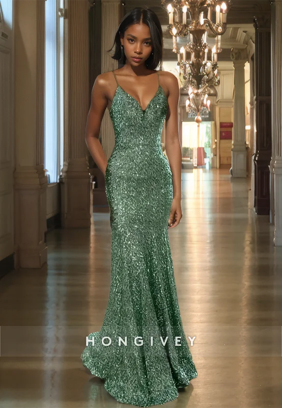 Sparkle Sequins Mermaid Evening Dress Formal GreenSweetheart Sleeveless Prom Gown