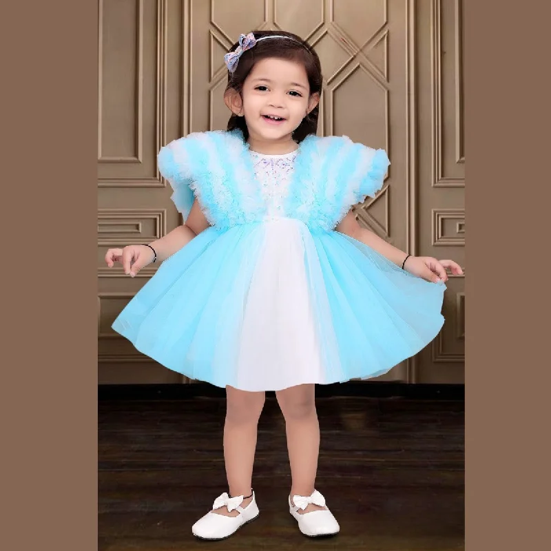 Peach & Turquoise Ruffled Sleeves Frock for Girls