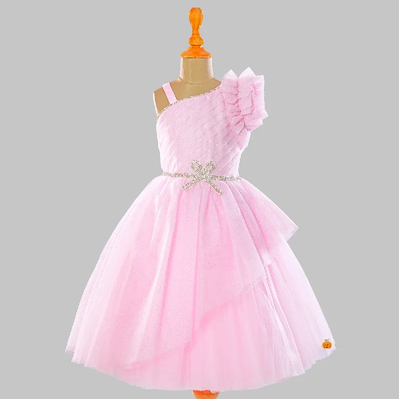 Pink & Sea Green Ruffled Sleeves Girls Gown