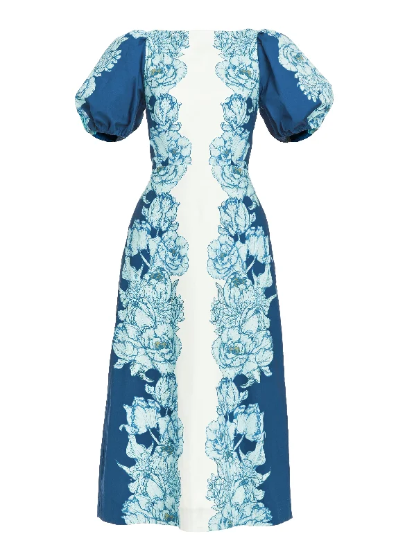 Faye Midi Dress in Ivory/Navy Garden Path