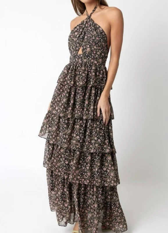 Floral Ruffle Maxi Dress In Black Floral