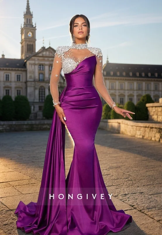 L1331 - Ornate High Neck Long Sleeves Crystal Embellished Ruched Long Party Prom Evening Dress