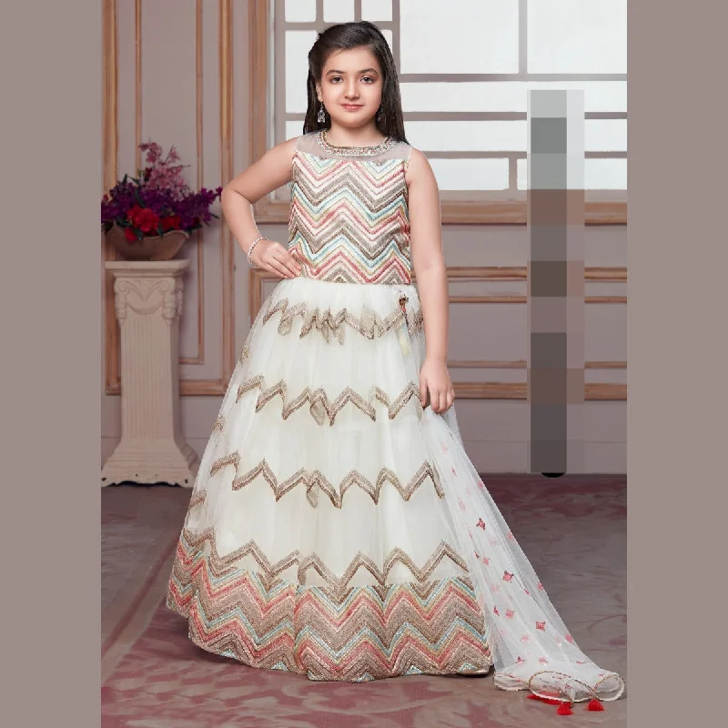 Cream Zig Zag Pattern Lehenga Choli for Girls