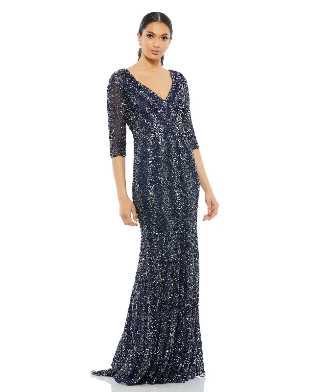 3/4 Sleeve Embellished V-Neck Gown