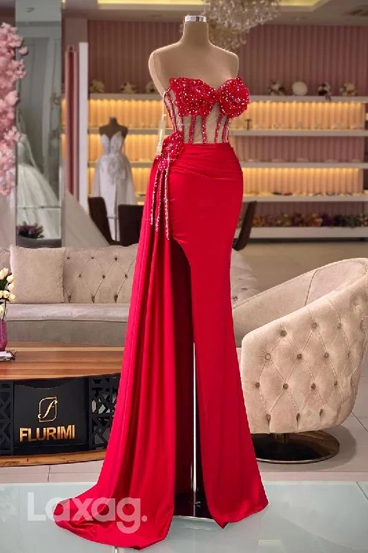 21847 - Sheath/Column Sweetheart Beads Red Long Formal Prom Dress with Slit