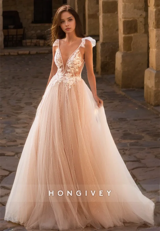 H0963 - Sparky Sheer Lace Applique Tiered Plunging Illusion With Train Long Wedding Dress