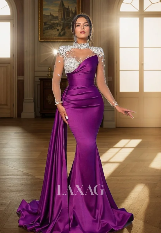 21904 - Illusion Neckline Beads Long Sleeves Mermaid Long Formal Prom Dress