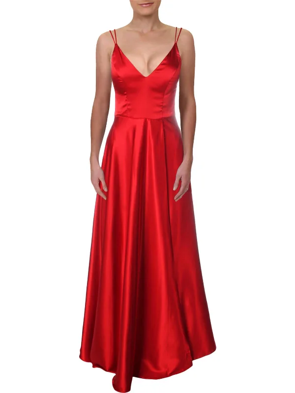 Juniors Womens Satin Sleeveless Evening Dress