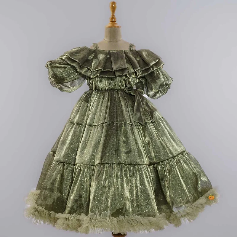 Green & Rama Off Shoulder Frill Gown for Girls