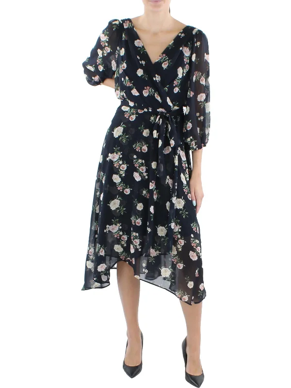 Womens Floral Print Mid Calf Wrap Dress