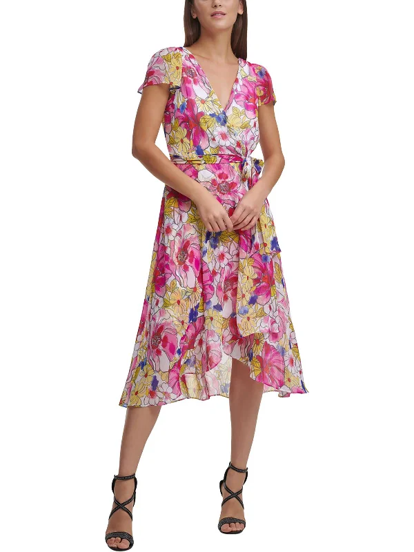 Womens Polyester Floral Print Wrap Dress