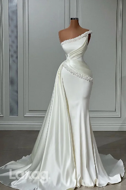 21998 - Unique One Shoulder Pearls Ruched Mermaid Long Formal Prom Dress