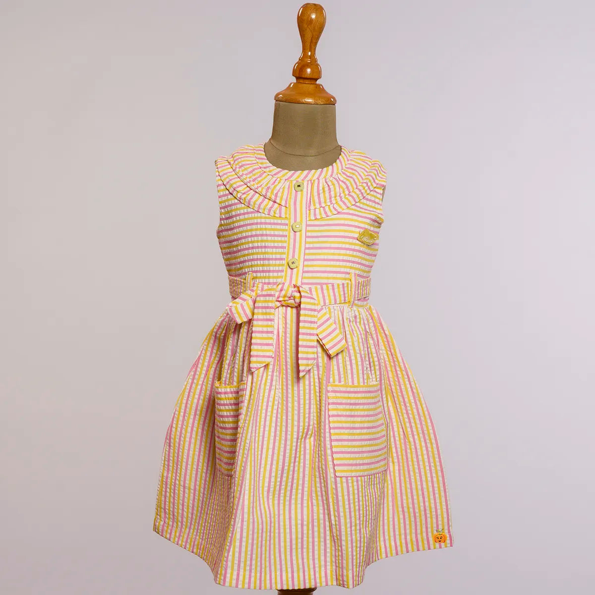 Yellow Striped Pattern Cotton Frock for Girls