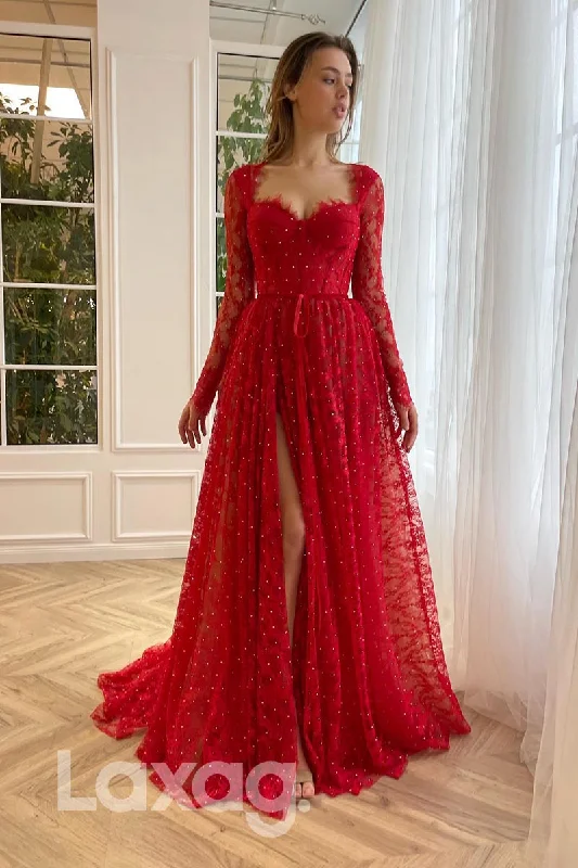 21871 - Red Long Sleeves Thigh Slit Lace Prom Evening Dress