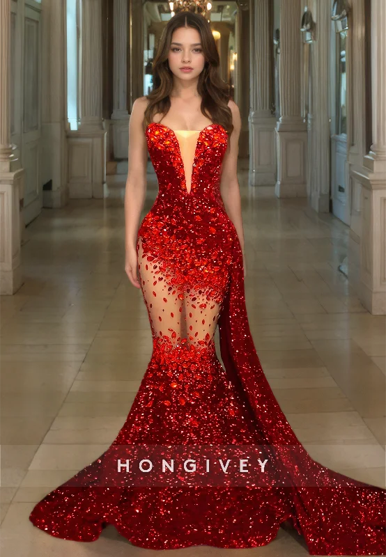 HONGIVEY Sexy Strapless Sequined Applique Mermaid with Train Evening Dress Formal Gown