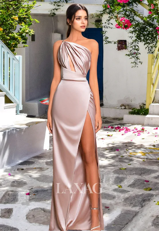 One-Strap Asymmetrical-Neck Off-Shoulder Sleeveless Pleated Cutout Mermaid Prom Dress with High Slit