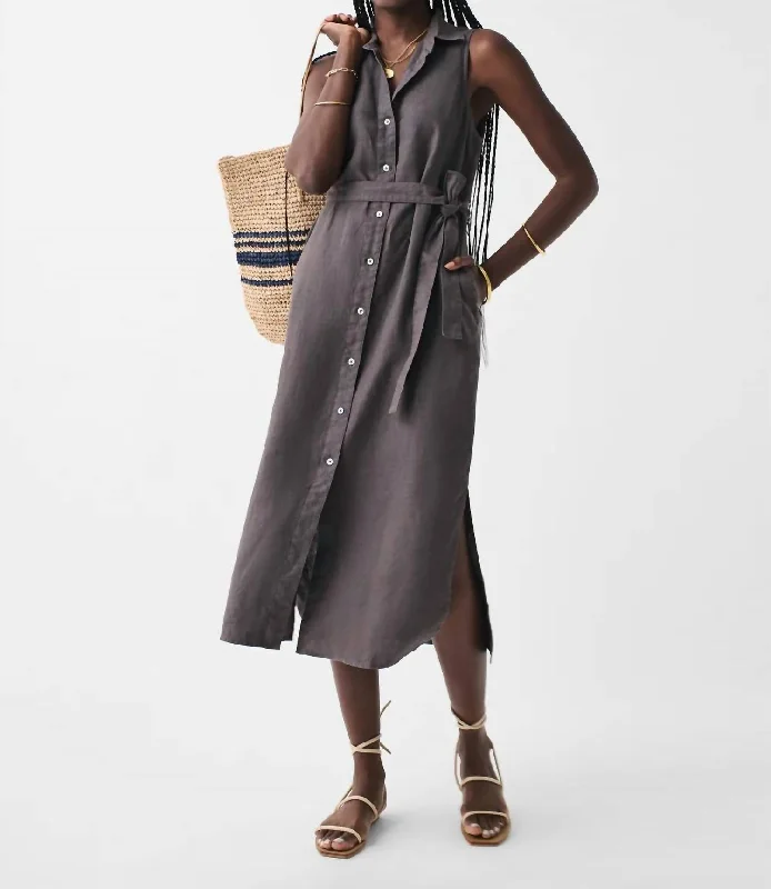 Linen Laguna Sleeveless Shirt Dress In Washed Black