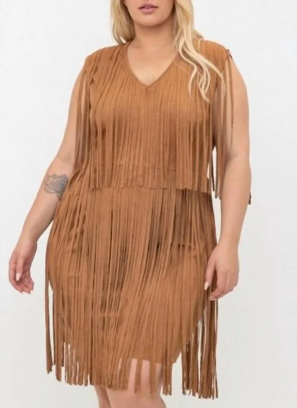 Faux Seude Fringe Tunic Dress In Brown