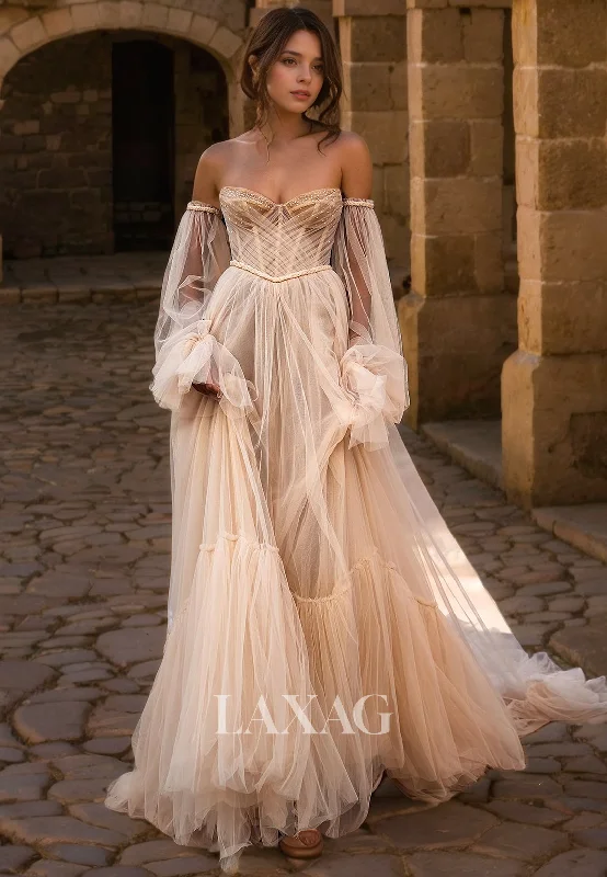 A-Line Beaded Sweetheart Long-Sleeves Beaded Tulle illusion Wedding Dress with Train