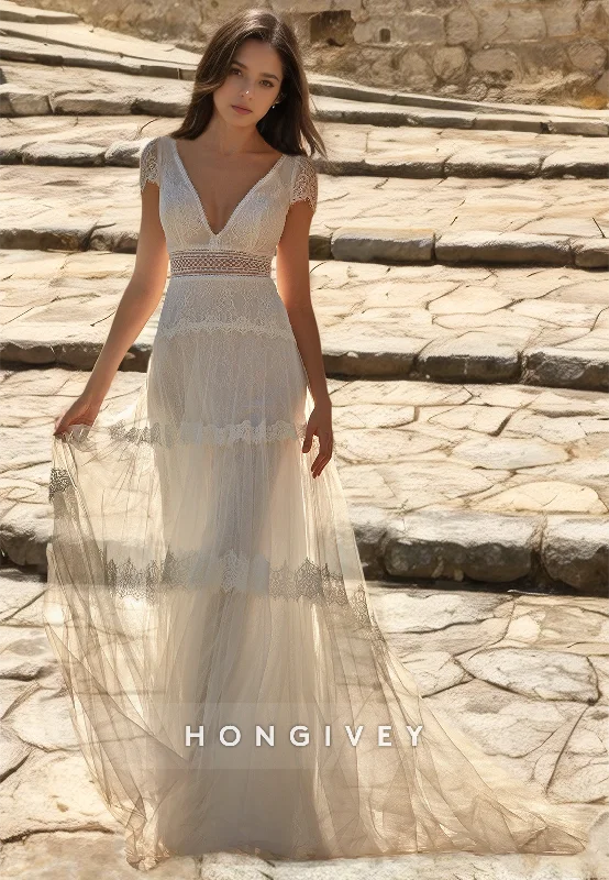 H0914 - Fully Floral Lace Tiered Illusion Cutout With Train Long Wedding Dress