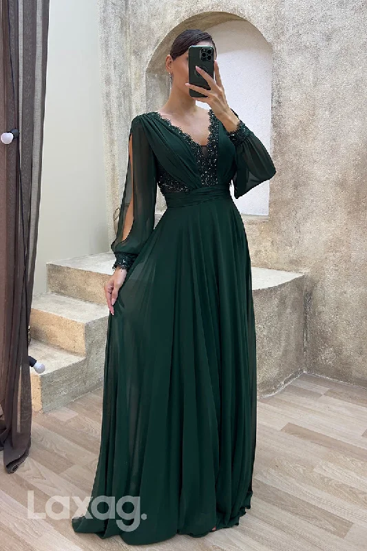 22075 - Illusion V neck Lace Appliques A Line Long Sleeves Formal Evening Dress