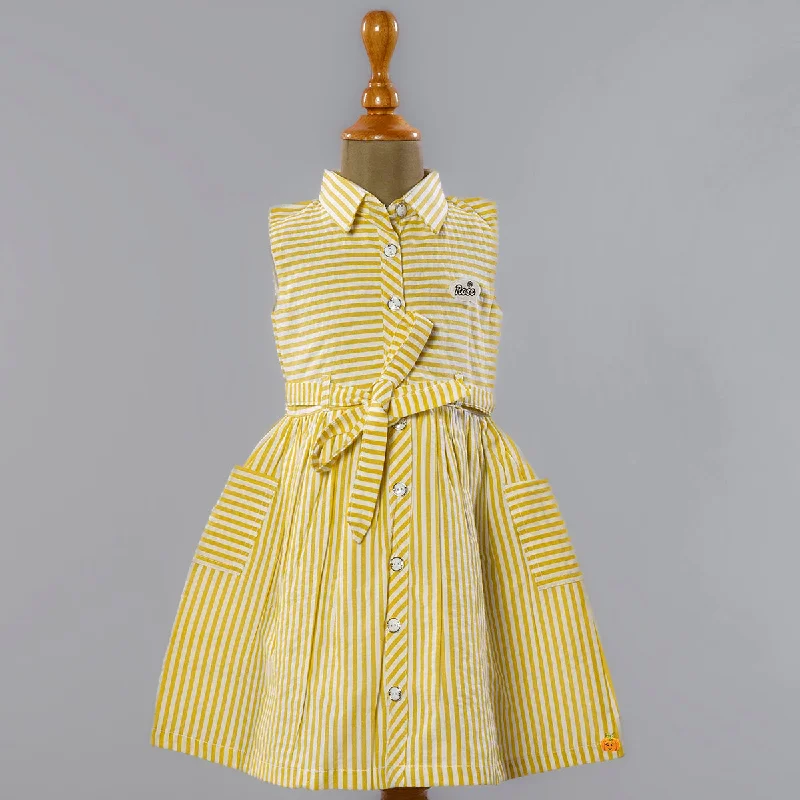 Yellow & Peach Striped Cotton Frock for Girls