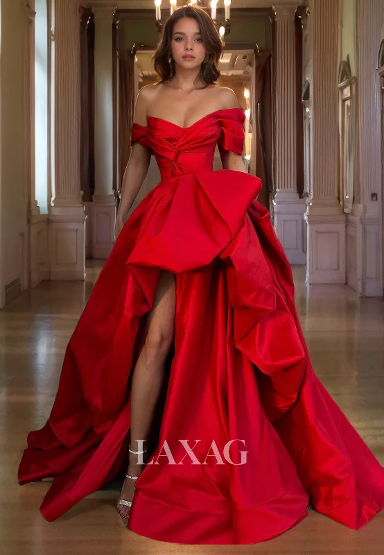 21794 - Off-Shoulder Thigh Split Ruched Satin Prom Dress