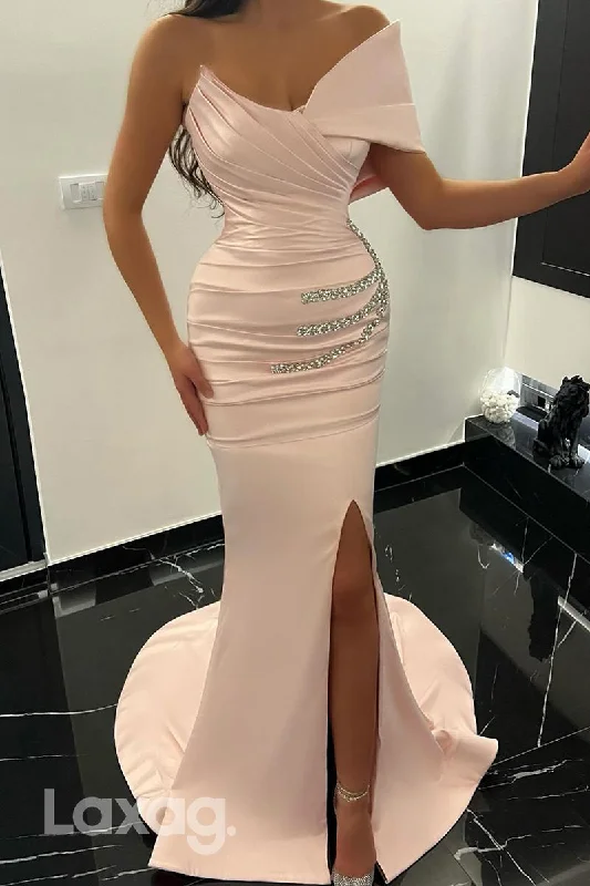 21982 - Off Shoulder Ruched Mermaid Long Formal Prom Dress with Slit