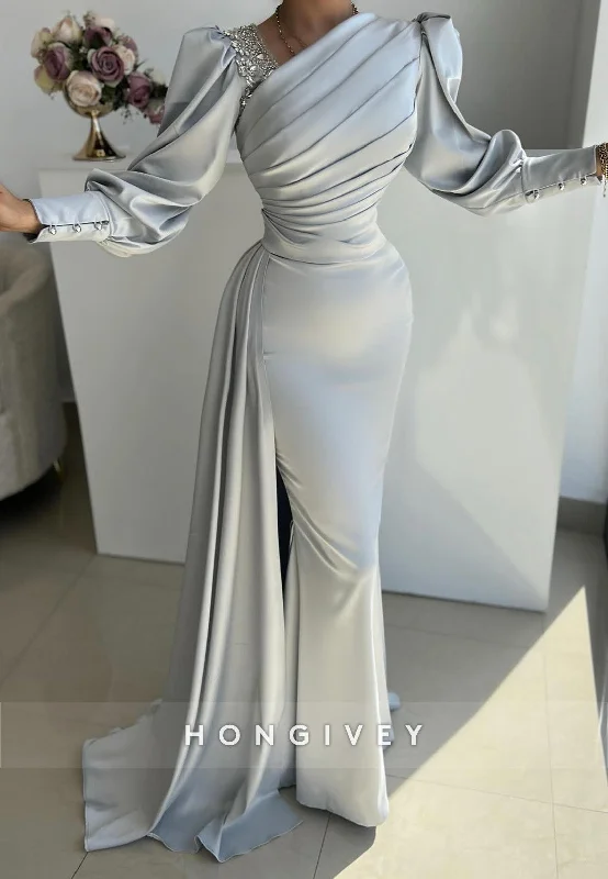 L2973 - Satin Fitted Asymmetrical Long Sleeve Party Prom Evening Dress