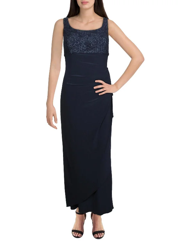 Petites Womens Lace Glitter Evening Dress