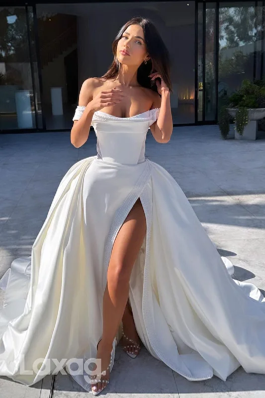 15660 - Off Shoulder Pearls Satin Mermaid Wedding Dress with Detachable Skirt