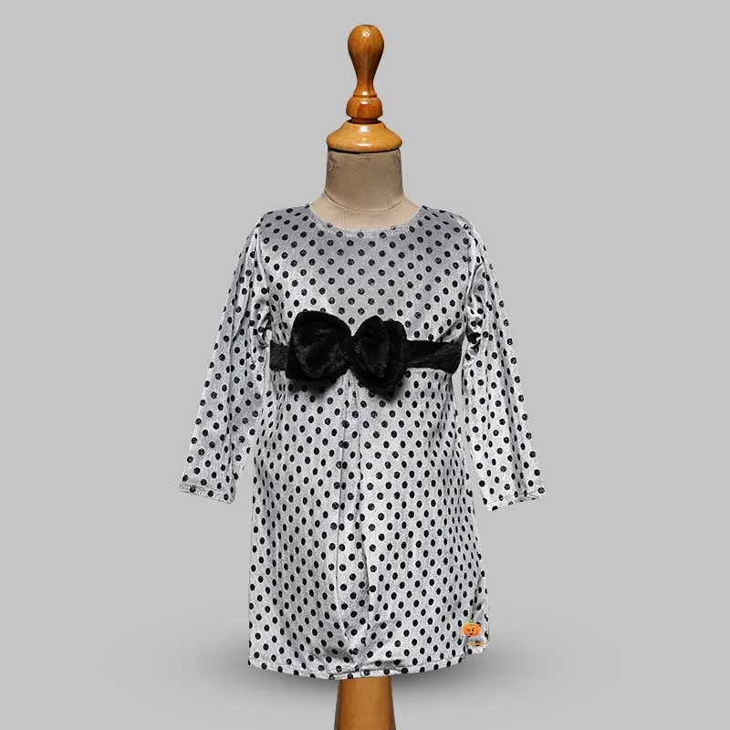 Silver Frock for Girls with Black Polka Dot