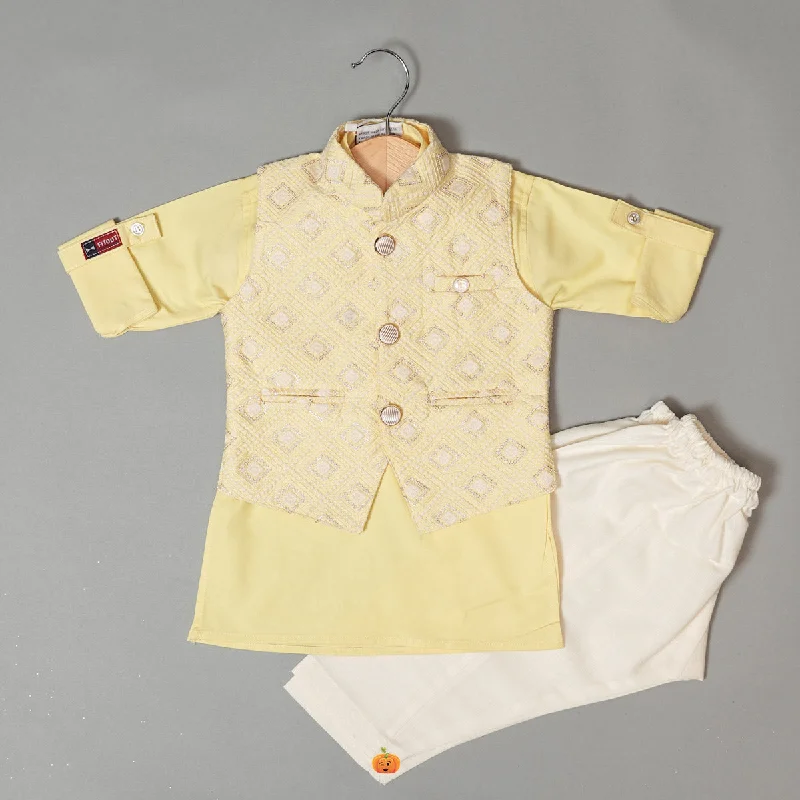 Yellow Designer Kurta Pajama for Kids with Nehru Jacket